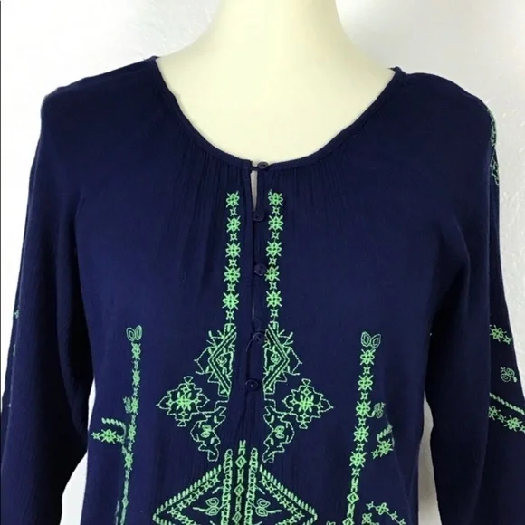 Altar’d State Top Boho Tie Up Blue Embroidery Green Size S - Picture 4 of 7